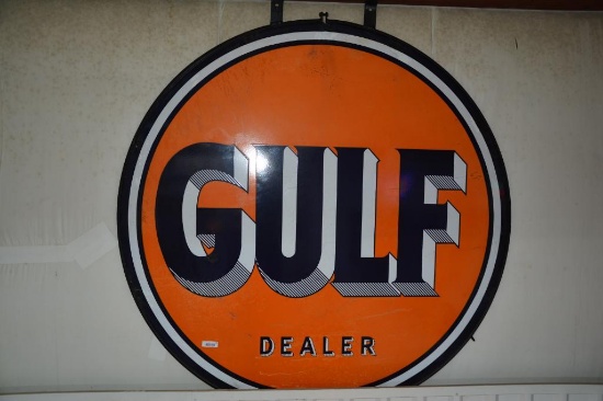 Original double sided porcelain Gulf Dealer sign w/ original sign ring
