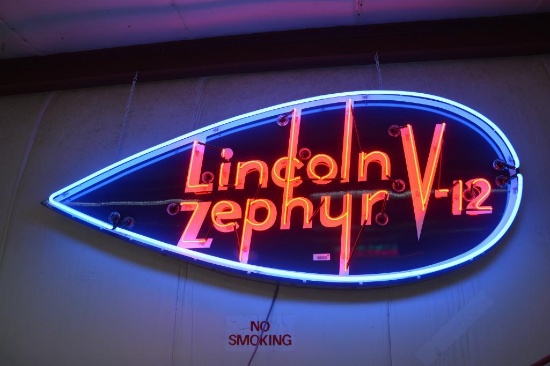 Lincoln Zephyr V-12 single sided porcelain neon can light sign