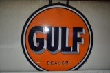 Original double sided porcelain Gulf Dealer sign w/ original sign ring
