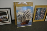 2 sail boat pictures and 4 empty picture frames