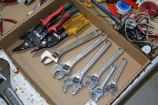 (6) Adjustable wrenches and (3) pair of tin snips