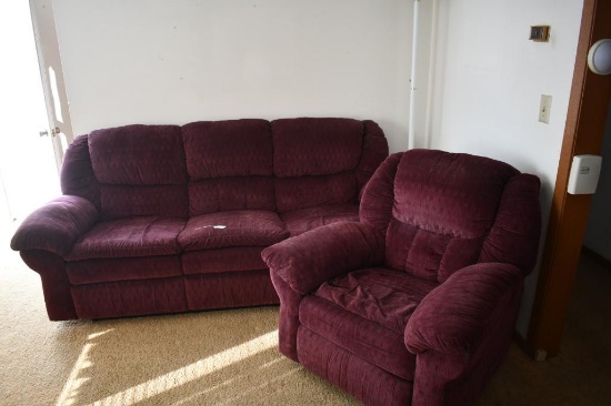 Reclining couch with matching recliner, in this lot includes a floor lamp