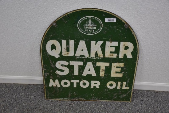 Double sided porcelain Quaker State Motor Oil tombstone shaped sign