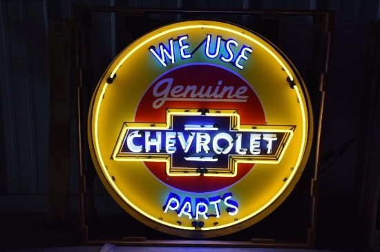 Single sided light up neon Chevrolet "We Use Genuine Parts" hanging sign