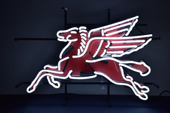 Single sided light up neon pegasus "Mobil Oil" hanging sign