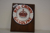 Red Crown Porcelain pump plate on wood plaque
