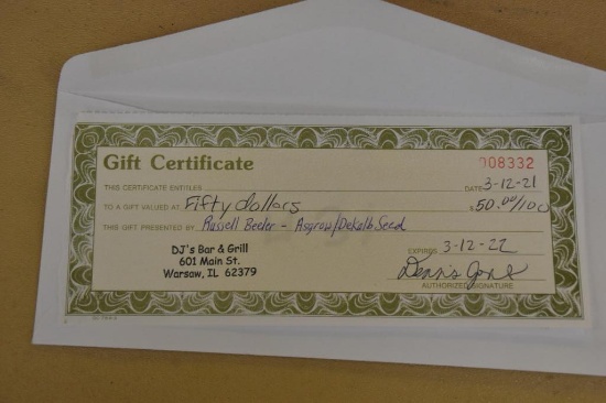 $50 Dj's Bar and Grill gift certificate