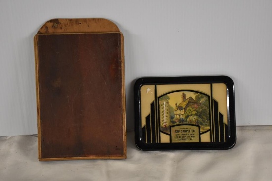 Card holder and Carthage advertising wall hanging thermometer