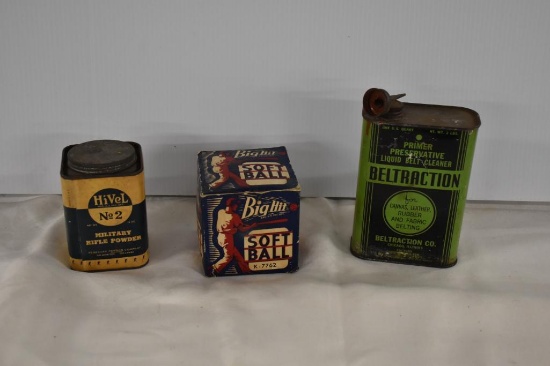 (2) advertising tins and softball new old stock