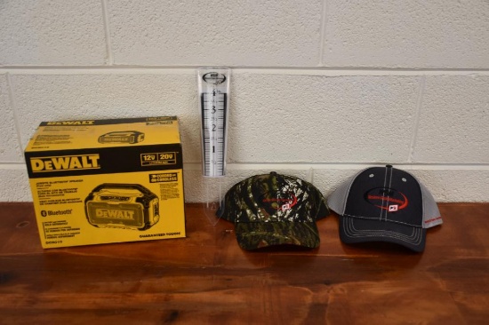 DeWalt Bluetooth speaker (corded or cordless) 20V lithium battery, (2) FS hats and WGM rain gauge