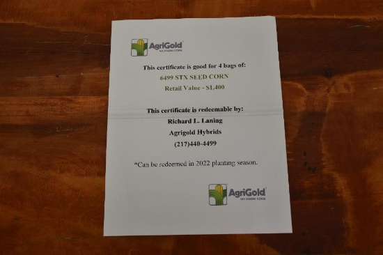 Certificate for 4 bags of AgriGold 6499 STX Seed Corn