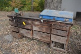 8' wooden shop bench w/ drawers, wooden blue organizer, sells w/ vice