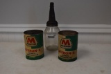 (2) Marathon composite oil cans and 1 glass oil bottle