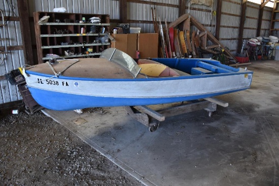 1958 Dunphy 14 ft wooden boat on cart