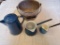 Enamel bucket, enamel coffee pot, ladles