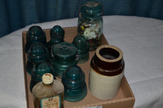 Glass insulators, fruit jars, buttons, etc.