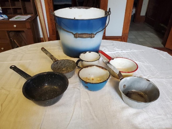 Rusty enamel bucket & ladles