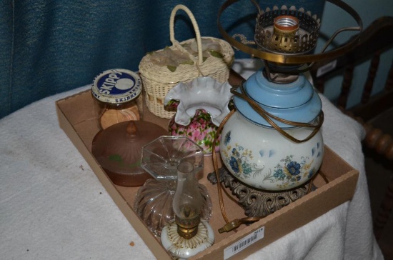 Glassware, elec. Lamp, milk pongs, etc.