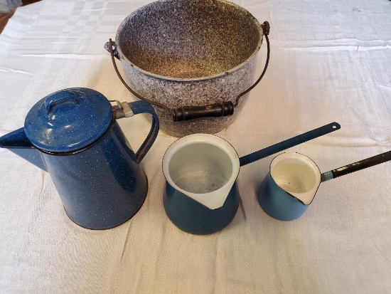 Enamel bucket, enamel coffee pot, ladles