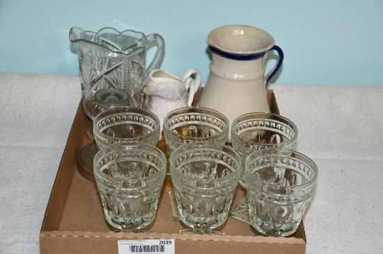 Drinking glasses, water pitcher, etc.