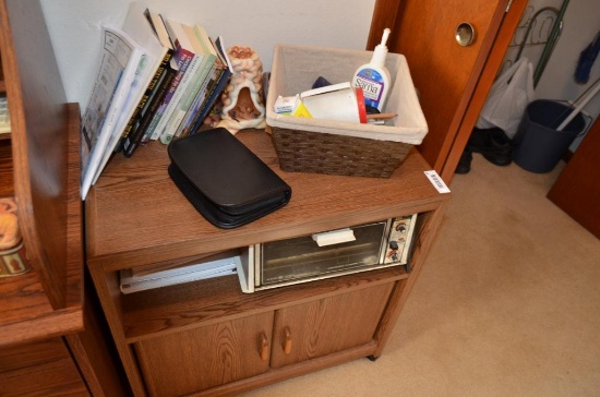 Rolling micrwave stand w/ toaster oven, few other misc. items on top & contents of nearby closet