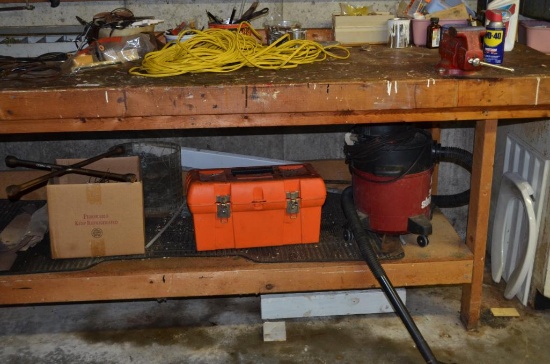 8' wooden work bench, complete w/ vice & dual wheel grinder, also selling loose contents such as