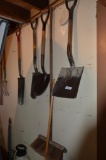 Spades & shovels, potato fork, shop brooms, hand sprayer & 5 gal. bucket of tools