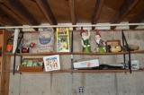 Contents of 2 open shelves including canning supplies, hand sprayer, Keller & Sons Quincy IL feed