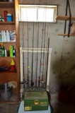 Fishing rods & reels, wooden rack, tackle box, tailgate grill & rubbermaid cooler