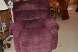 Large platform upholstered recliner, off colored maroon