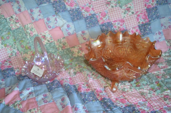 Large Carnival glass bowl & Fenton basket