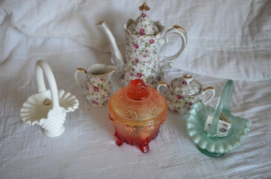 Glassware to include Lefton China & Fenton Baskets