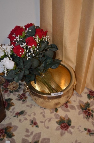 Brass style basket with artificial roses