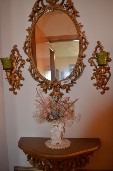 Mirror, shelf, and wall sconces