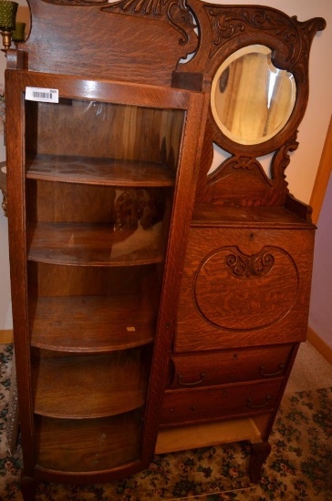 Vintage Oak Curio cabinet with attached secretary desk