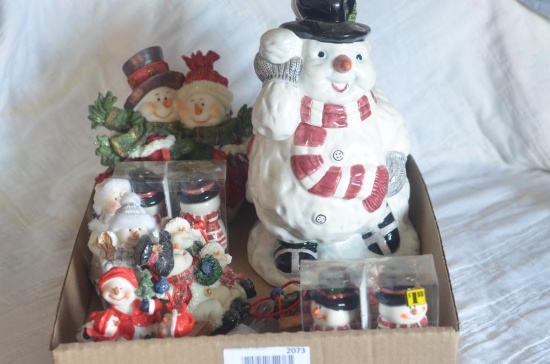 Various snowman figurines & snowman cookie jar
