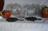 (2) Glass pumpkin candy jars, apple items, measuring cup, etc.