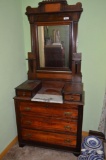 Dark wood 3-drawer dresser with hanky drawers, upright mirror, candle props