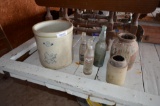 3 gallon western crock & glass bottles