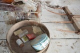 Primitive bottles, primitive sifter, primitive manure fork