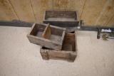 (3) wooden crates & rustic hand saw