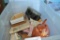 Tote of vintage kitchen linens, craft items, & various glassware