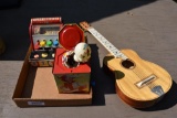Flat of child's toys to include Jack in the Box & guitar