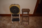 2-Step Cosco stool, Patton fan, & 2-step wooden stool