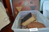 Tote of various glassware, Chinese checker board, vintage foreign bible