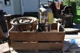 Redmule wooden pepper crate, Randall fire extinguisher, cast iron stand