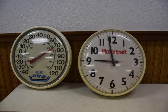 Motorcraft plastic battery operated clock and DuPont plastic thermometer