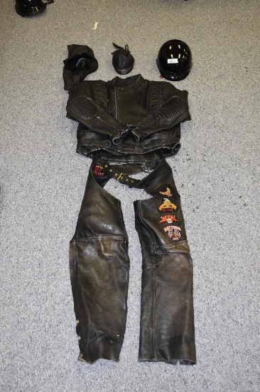 Harley Davidson leather jacket and chaps with extras including helmet