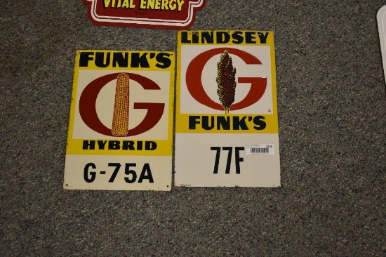 (2) Funks G seed signs (both are metal tin tackers)