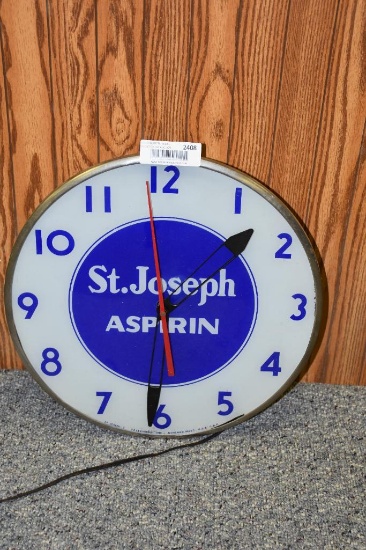 St. Joseph Aspirin Glass faced light up advertising clock (needs new bulb, clock works)